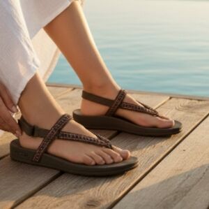 Sketchers Archfit Ajustable Arch Support Boho Brown Sandals with Orange 8